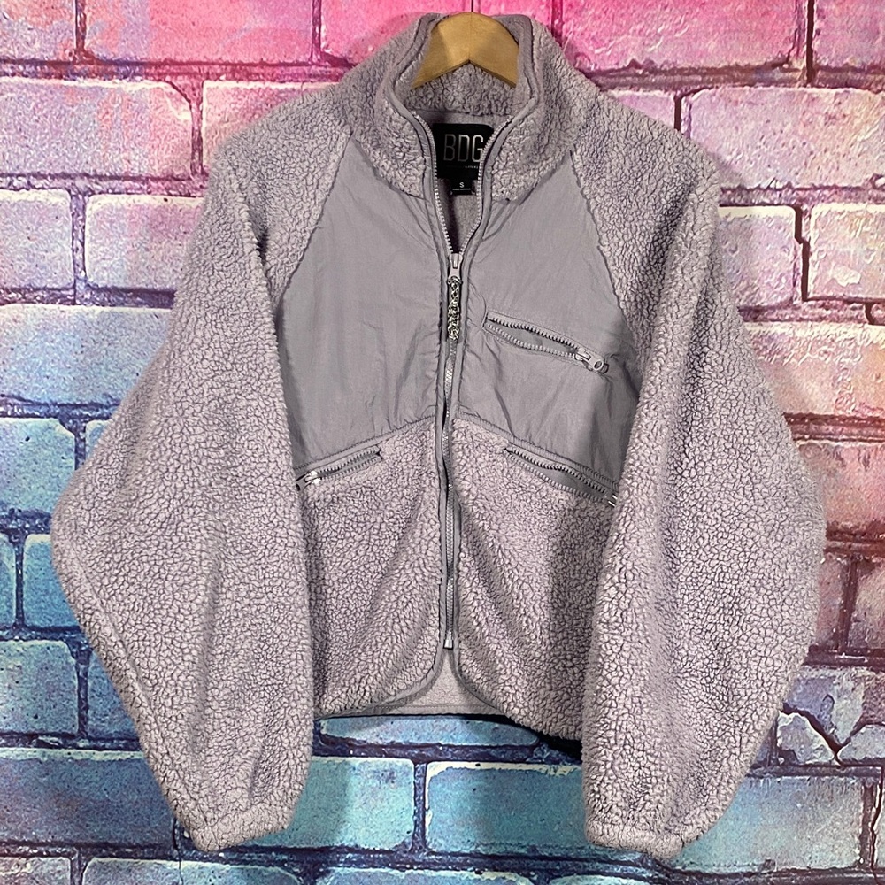 BDG Sherpa Fleece Jacket Small Gray Zip Up